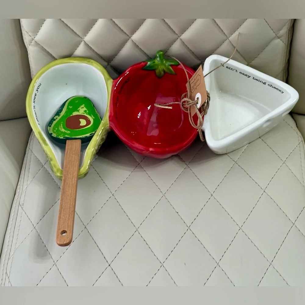 Mud Pie Fiesta Dip Bowl Set hand-painted ceramic triple tidbit dish